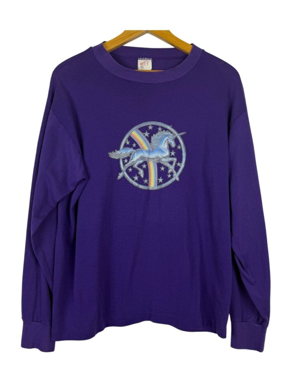 Vtg 80s Hef-T Womens Unicorn Rainbow Stars Tee Large Long Sleeves Purple Fantasy